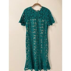 Shoshana x Anthropology Green Lace Midi Dress Fit Flare Short Sleeve Size 8